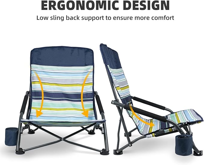 Portable Folding Beach Chair for Adults - Lightweight Low Back Sling Chair with Storage Pocket 300lbs Capacity Camping Chair for Outdoor Lawn Concert Travel (Orange-Colour Striped)
