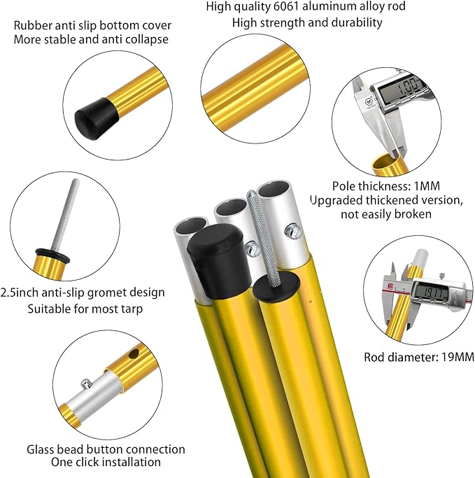 SAN LIKE Aluminum Tent Poles for Tarp &amp Awnings - 75in Adjustable Collapsible Poles - 2 Sets (5 Sections)