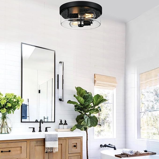 Black Flush Mount Ceiling Light Fixtures 2-Light Ceiling Mount for Farmhouse with Seeded Glass Lampshade Industrial Flush Mount Light Fixture Farmhouse for Hallway Kitchen Entryway and Foyer