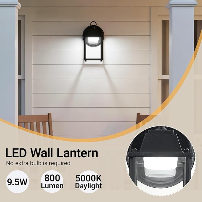 LIT-PaTH Outdoor LED Wall Lantern Wall Sconce as Porch Lighting Fixture 5000K Daylight White 9.5W 800 Lumen Aluminum Housing Plus Glass Black Finish 1-Pack