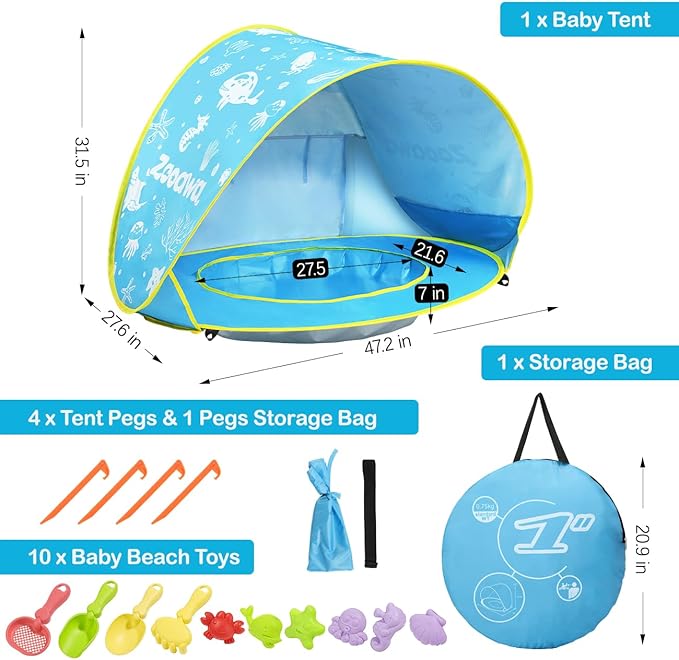 Zooawa Baby Beach Tent Pop Up Beach Tent Sun Shade for Beach Portable Shade Pool UV Protection Sun Shelter for Infant with Beach Sand Toys Set