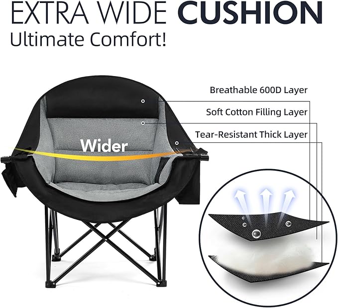 Oversized Camping Chair for Adults - Heavy Duty Outdoor Padded Large Lawn Camp Chair with Cup Holder Cooler Pockets for Sports Beach Fishing Garden Portable Supports 500lbs Black/AllBlack 2 Pack