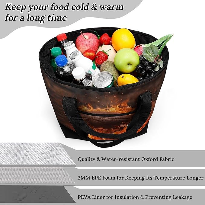 Insulated Shopping BagLarge Reusable Cooler Bags Brick Wall And Burning Basketball Printed Foldable Shopping BagTravel Waterproof Shoulder Bag
