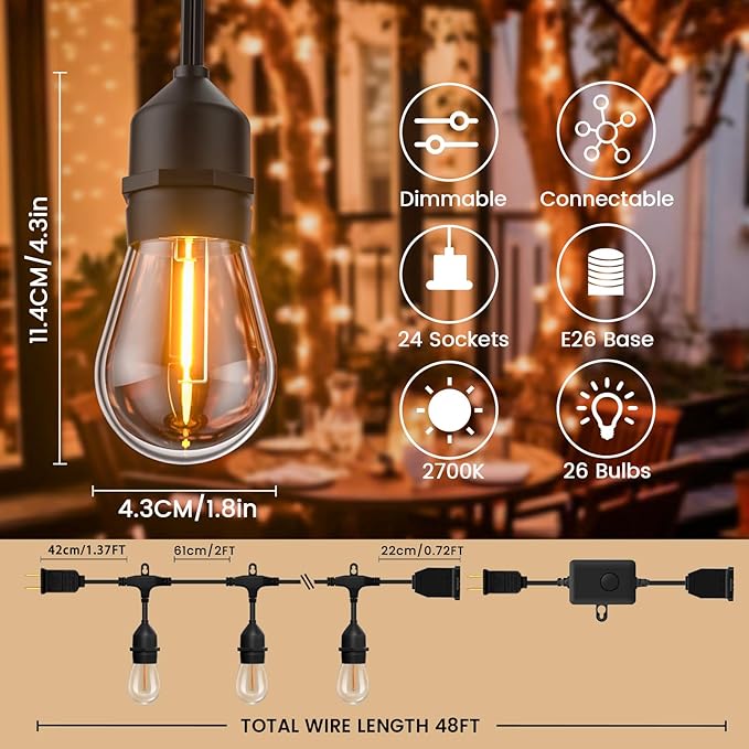 48ft Outdoor String Lights with Remote &amp Dimmer24+2 Commercial Grade IP65 Waterproof Bulbs 2700K Warm White3 Lighting Modes &amp TimerIncludes 30 Cable Ties for PatioGarden Party