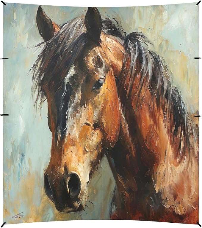 Oil Painting Horse Beach Tent Sun Shelter 9.2' x 10.5' Beach Canopy with 4 Sandbags 4 Stability Poles Sand Shovels - Tent Canopy for Beach Camping Fishing Picnics