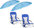 Huwena 2 Pack Beach Chair for Adult with 2 Umbrella Low Folding Chair Detachable Adjustable Lightweight with Armrests Cup Holder Carry Bag Portable for Sand Camping Travel Outdoor Pool(Dark Blue)