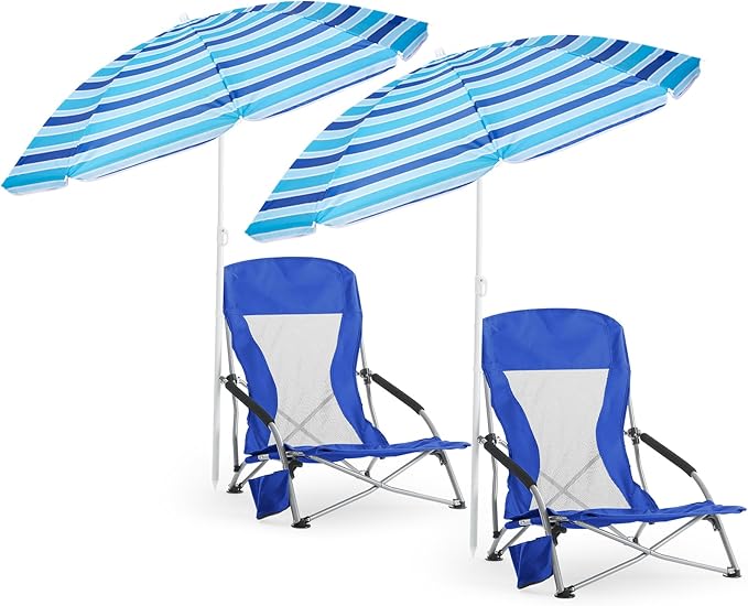 Huwena 2 Pack Beach Chair for Adult with 2 Umbrella Low Folding Chair Detachable Adjustable Lightweight with Armrests Cup Holder Carry Bag Portable for Sand Camping Travel Outdoor Pool(Dark Blue)