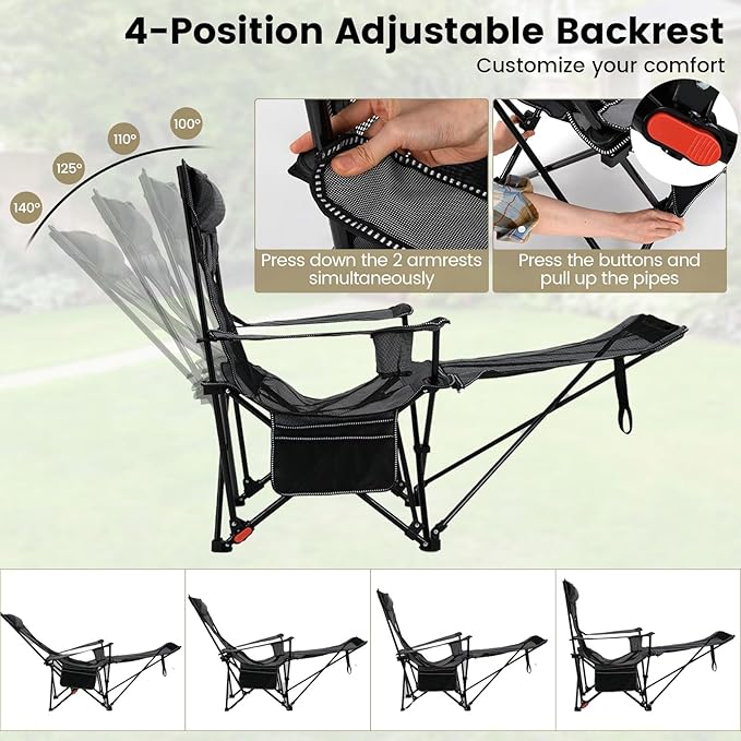 GYMAX Reclining Camping Chairs with Footrest Lightweight Foldable Camping Chairs with Cup Holders Adjustable Backrest Headrest Heavy Duty Camp Chair for Adult Outdoor Fishing Beach (Grey2)