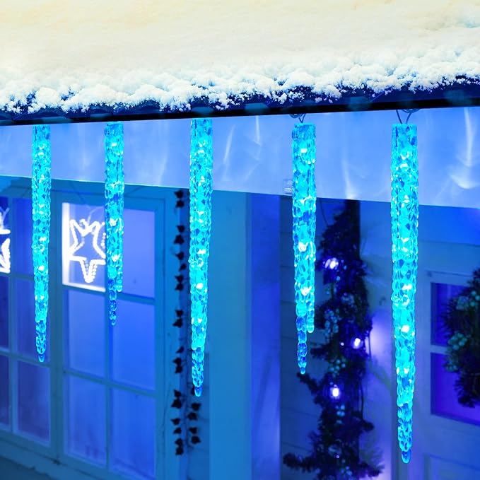 Minetom Icicle Lights Outdoor With Clips 20ft 100 LED 20 Tubes Twinkling Crystal String Lights Connectable Waterproof Hanging Christmas Lights Plug in for Eave Outdoor Blue