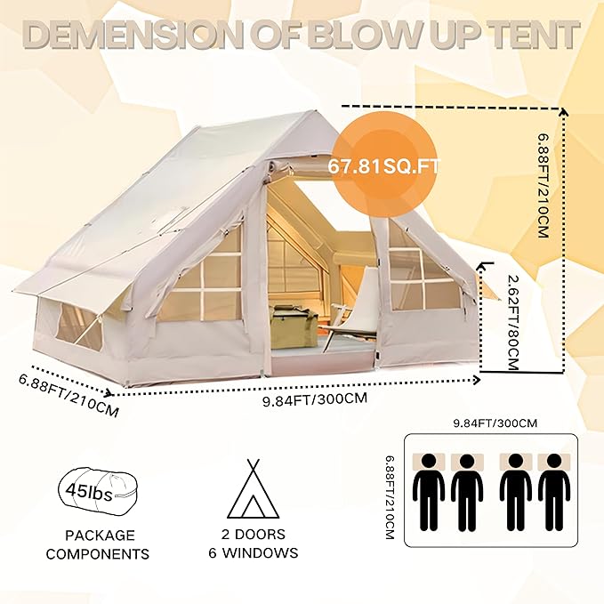 Inflatable Tent Outdoor Easy Setup Inflatable Tents for Camping Portable Blow Up Tent with Stove Jack Cotton Canvas Material for Glamping for 4 Season 4/6/8/10 Person Use