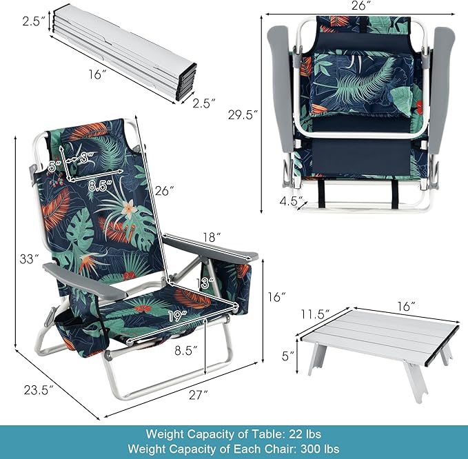 GYMAX Beach Chairs Backpack Camping Chair with Armrest Cooler Bag Cup Holder Towel Bar &amp Side Pockets Sunbath Sling Tanning Lounge Folding Layout Chair (with Table Flower)