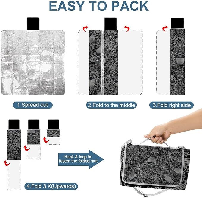 Gothic Skulls Damask Style Black White Waterproof Outdoor Picnic Blanket Sandproof Beach Mat for Camping Hiking Grass Travelling