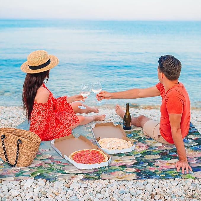 Waterproof Sandproof Beach Blanket 59''×68'' Flower Polyester Outdoor Picnic Blanket with 4 Stakes &amp Storage Bag for BeachCampingVacation Oil Paintings