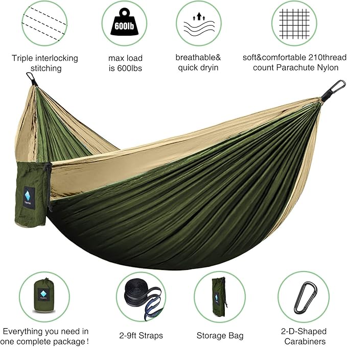 Double Hammocks for Camping Portable Parachute Hammock for Outdoor Hiking Travel Backpacking - Hammocks Swing for Backyard &amp Garden 78''W 118''L (Khaki/Green)