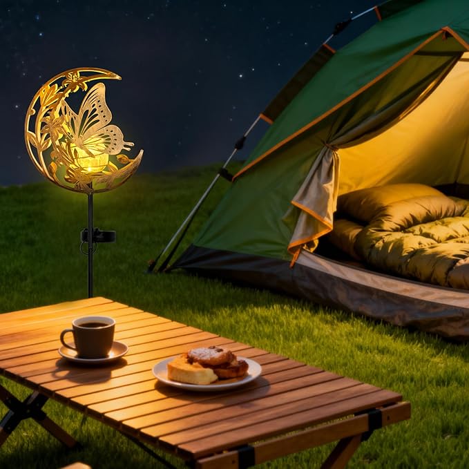 ShangTianFeng Butterfly Lights Outdoor Decor - Moon &amp Bird SolaGardenLights Waterproof Auto On/Off Pathway Lighting for Yard/Lawn/Patio Handcrafted Metal Solar-Stake-Lights for Outside Decoratio