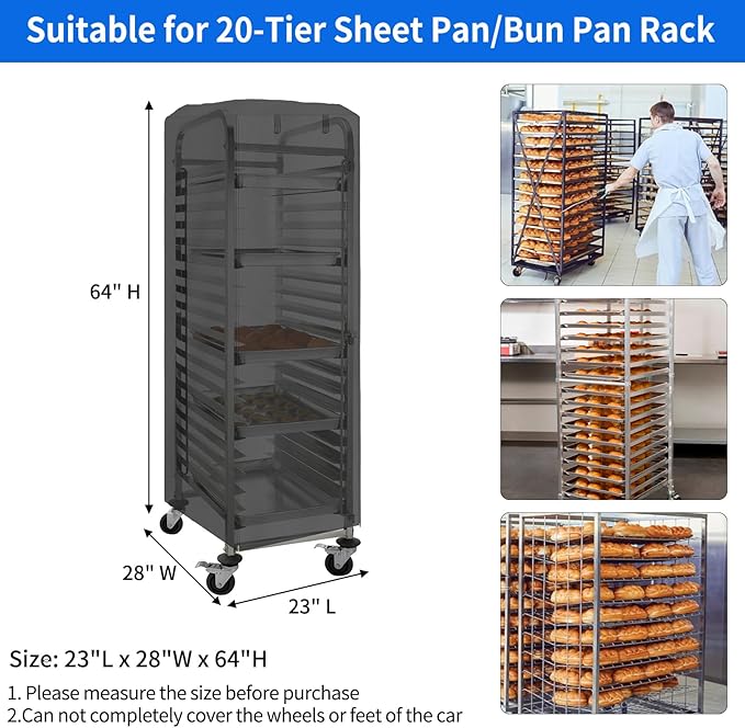 COSHNIBI Pan Bun Rack Cover420D Waterproof and Dust Resistant Bun Rack Cover with Zipper Suitable for Commercial Bread Racks23 L x 28 W x 64 H-Black