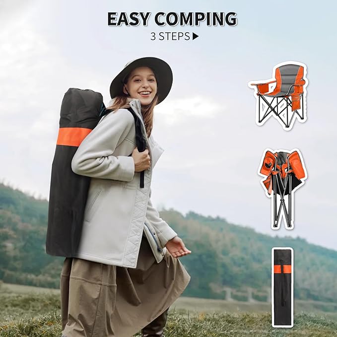 Oversized Padded Camping Chairs for AdultsHeavy Duty Support 400 LbsFolding Portable Lawn Chair w/Cup HolderCooler BagSide PocketPerfect for Outdoor PicnicHiking(Orange)