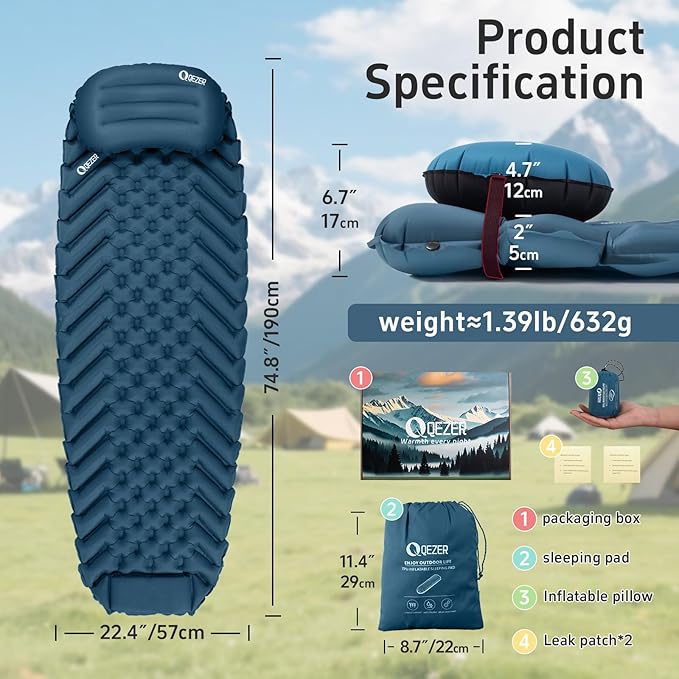 Ultralight Backpacking Sleeping Pad for Camping with Inflatable Neck Camping Pillow Lightweight Inflatable Sleeping Pad for Adults Portable for Hiking Car Travel - Durable &amp Comfortable