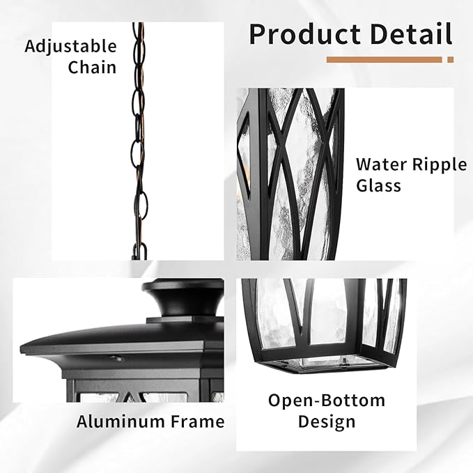 JYZ 2 Pack Outdoor Pendant Light Fixture 12'' Exterior Hanging Lantern Modern Black Metal Outside Chandelier Light Fixture Ceiling Mount with Water Ripple Glass &amp Adjustable Chain for Porch Gaz