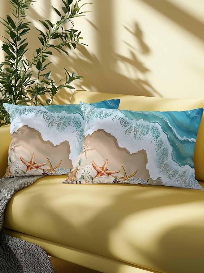 Outdoor Pillows Waterproof Coastal Beach Ocean Bedding Throw Pillows with Insert for Couch Sofa Bed Nautical Starfish Shells Conch 12x20 Inch Pillowcases Camping Patio Pillow Set of 2