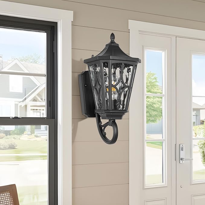 14 Outdoor Wall Light FixturesExterior Waterproof Wall Lantern Porch Sconces Lighting with E26 Socket &amp Water Ripple Glass ShadesMatte Black Outside Wall Lantern Light for House Front Door Gar