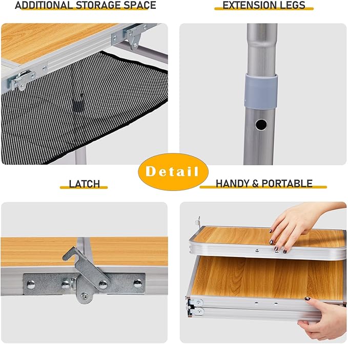 3 FT Folding Camping Table with Storage Portable Fold-in-Half Camp Kitchen Party Table 3 Height Adjustable &amp Carry Handle Rectangular Card Tables for Outdoor Picnic BBQ Backyard (Wooden Pattern
