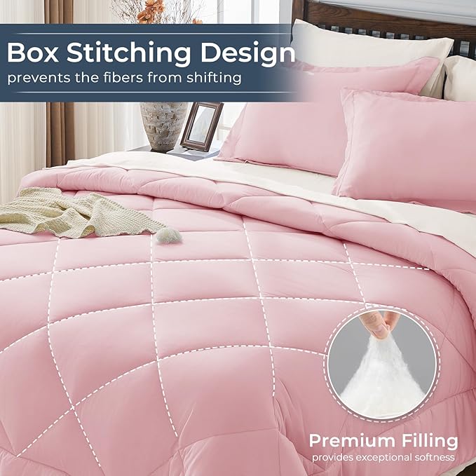 HEVUMYI Queen Comforter Set - 7-Piece All Season Bed in a Bag Queen Ultra Soft Bedding Set with Comforter Flat Sheet Fitted Sheet Pillowcases Pillow Shams Pink &amp Ivory