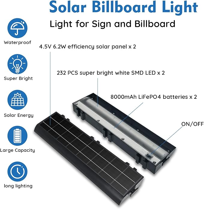 Solar Sign Lights Outdoor 464 led 1200 Lumen Dual Solar Sign Light 8000 mAh Billboard Lighting for Bussiness Commercial Real Estate Shop Bus Stop HOA Highway Signs