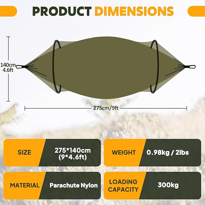 Chihee Ultra-Light Travel Camping Hammock Pop-up Net Hammock 660lbs Load CapacityBreathableQuick-Drying Parachute Nylon 2 Premium Carabiners2 Tree Slings Included for Outdoor Backpacking Hiking