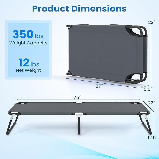 GYMAX Folding Camping Cot 2 Pack Portable Ultralight Compact Sleeping Cot Bed for Adults with Oxford Fabric for Outdoor Travel Backpacking Hiking Patio Home Office 330LBS (2 Grey)