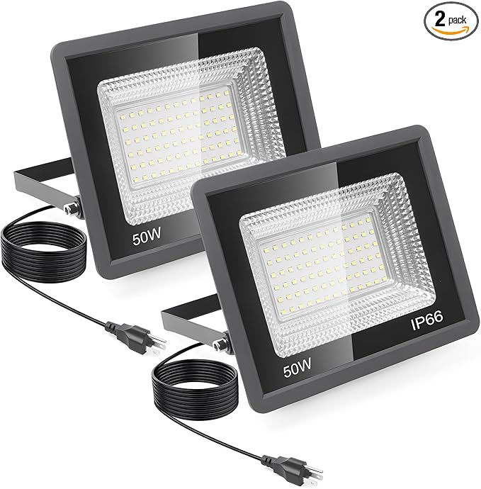 50W LED Flood Light 5500LM Super Bright 6500K Daylight Outdoor Security Light with Plug IP66 Waterproof for Yard Garden Court &amp Arena (50W-2Pack)
