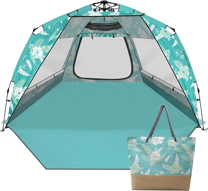 Beach Tent Sun Shelter for 4-6 Person - Pop Up Beach Tent UPF 50＋ UV Protection Lightweight and Easy Setup Cabana Extendable Floor with 3 Ventilating Windows Carrying Bag