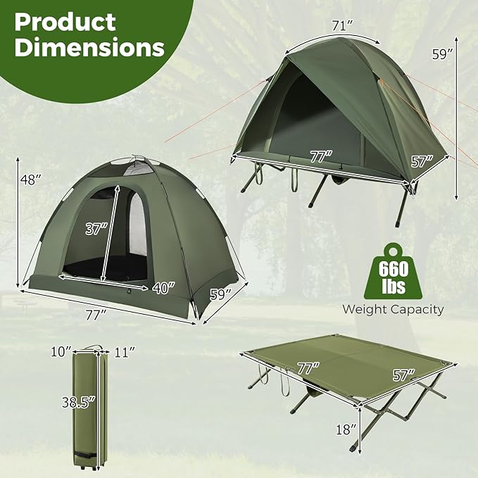 Tangkula 2 Person Tent Cot Portable Off Ground Elevated Camping Tent with Cot Removable Rainfly Wheeled Bag Stakes &amp Wind Ropes for Picnic Hiking Travel Beach