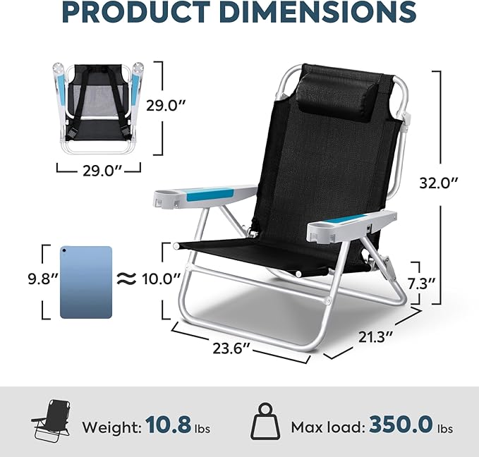ICECO Backpacking Beach Chairs for Adults 5 Positions Reclining Chair Heavy Duty Folding Chairs Portable Lay Flat Outdoor Chair with Cup Holder for Beach Camping Lawn 350lb Capacity