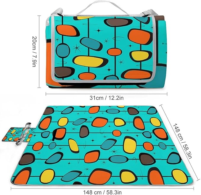 Mid Century Modern Atomic Turquoise Waterproof Outdoor Picnic Blanket Sandproof Beach Mat for Camping Hiking Grass Travelling