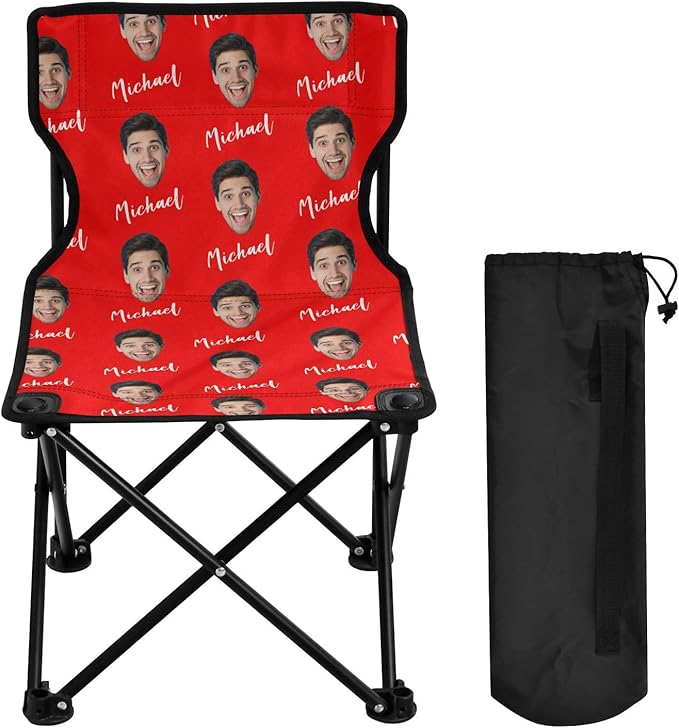 Sinestour Red Custom Photo Folding Camping Chair for Teen Child Personalized Name 14.6×14.6in Portable Outdoor Chair with Carry Bag for Barbeques Travel Lawn