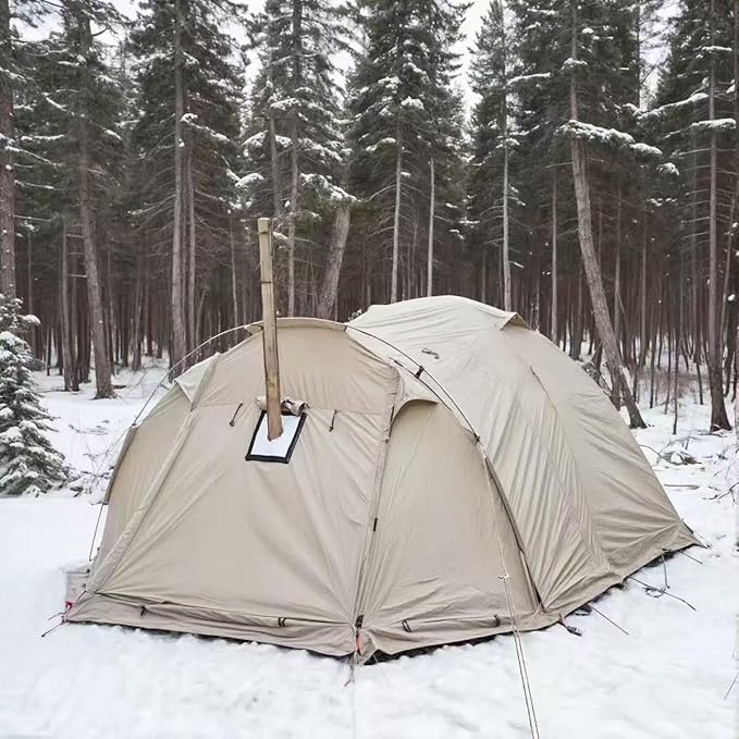 Massif Hot Tent with Stove Jack 4 Season Tent 2 Person Camping UPF50+ Waterproof Windproof WinterKhaki Dual Room Design with Extended Porch