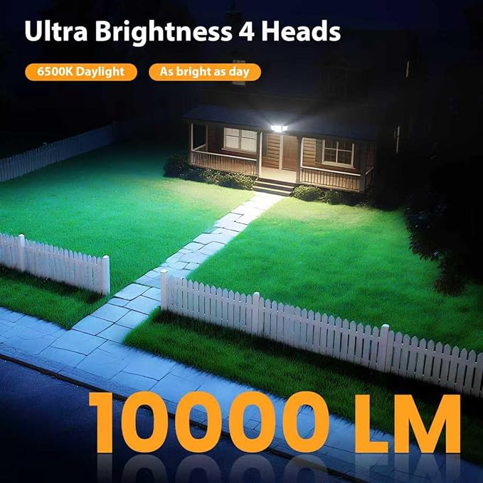 90W 10000LM Flood Lights Outdoor LED Security Lights with 4 Heads Switch Controlled 6500k Daylight IP65 Waterproof Exterior Floodlight for Outside Garage Yard Porch Eave