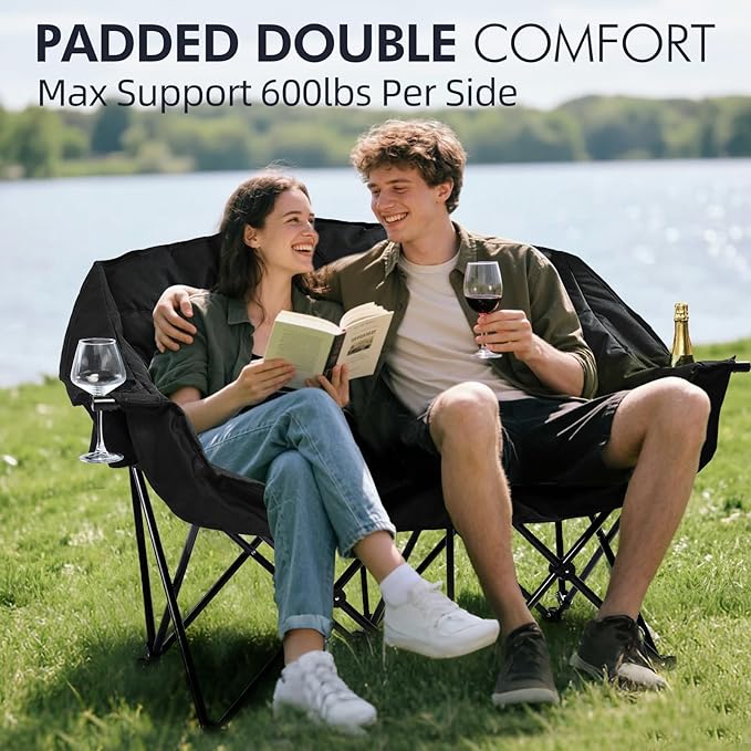Double Camping Chair Padded Loveseat Chair for 2 Person - Heavy Duty Oversized Camping Couch for Adults Outdoor Sports Lawn Beach Portable Folding XL Chairs with Cup Holders and Carry Bag All Black