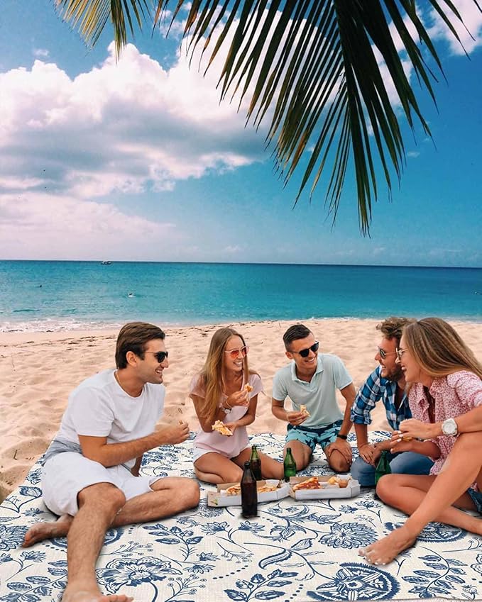 Beach Blanket Waterproof Sandproof Picnic Blanket 108x84 Foldable Beach Mat with Retro Farmhouse Farmhouse Flowers Pastoral Coral Red Pattern for Camping Park Grass Beach Travel