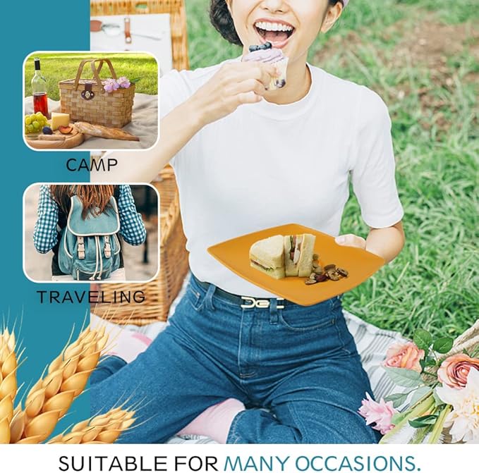 Teivio 16-piece Plastic Wheat Straw Square Dinnerware Set for 4 Unbreakable Dinner Plates Salad Plates Snack Bowls Tumblers 13.5 oz Dishwasher Safe Autumn Multicolor