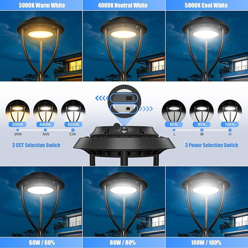 100W LED Post Top Light with Photocell 100W 80W 60W Adjustable 15000LM Adjustable CCT 3000/4000/5000K Outdoor Pole Lights IP65 Waterproof LED Post Light Fixture Area Light ETL DLC Listed