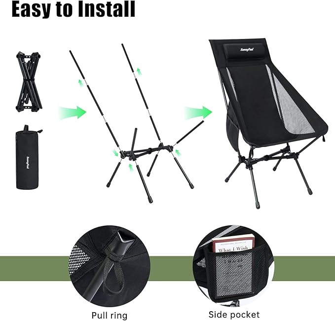 SUNNYFEEL High Back Camping Chair 15 Second Setup Frame 330lb Capacity Portable Backpacking Chair Lightweight &amp Compact Folding Camp Chair for Hiking Camping Black