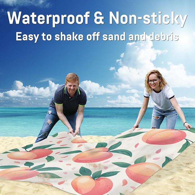 Waterproof Sandproof Beach Blanket 59''×68'' Spring Fruits Polyester Outdoor Picnic Blanket with 4 Stakes &amp Storage Bag for BeachCampingVacation Peach
