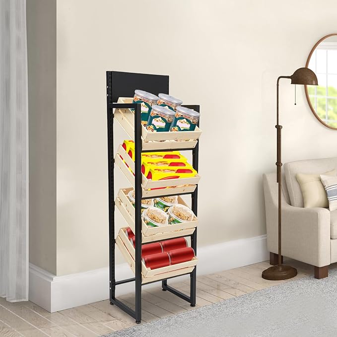 Wood Fruit and Vegetable Storage Rack 4-Tier Narrow Snack Rack Stand Farmers Market Stand for Kitchen Store Supermarket