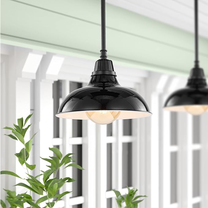 JONATHAN Y 12.25 Black 1-Light Farmhouse Indoor/Outdoor LED Pendant Iron Hanging Light and Black Metal Shade Rustic Ceiling Lamp for Kitchen Island LED Bulb Included (JYL7611B)