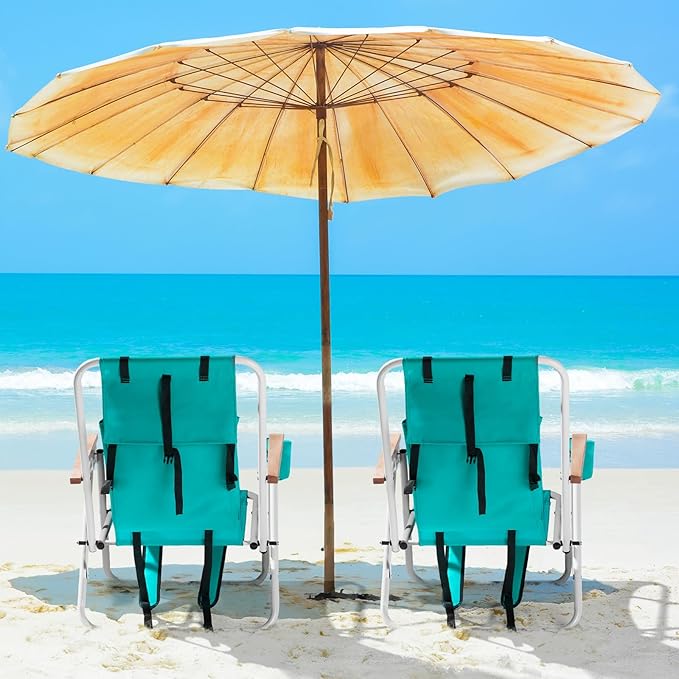 Folding Backpack Beach Chair 4 Position Portable Camping Chair with Headrest Cup Holder and Wooden Armrests (Sky Blue 2 Packs)
