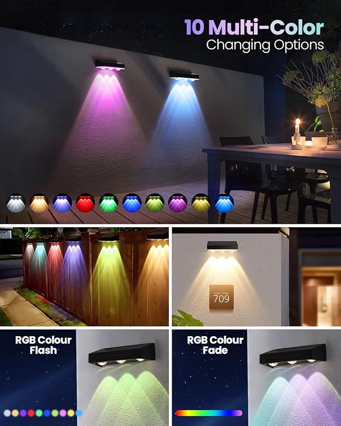2025 Upgraded Solar Fence Lights Outdoor 8 Pack 3000K-6000K Solar Deck Lights 30H Runtime 12 RGB Modes Solar Powered Wall Lights IP65 Waterproof Auto On/Off for Backyard Patio Step Gutter 1 Lens