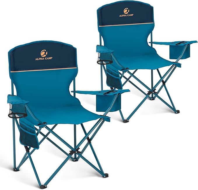 ALPHA CAMP Camping Chair 2 Pack Portable Chair with 3-Can Cooler Folding Chair with Side Pocket and Cup Holder Collapsible for Camping Tailgates Beach Fishing and Sports2PC
