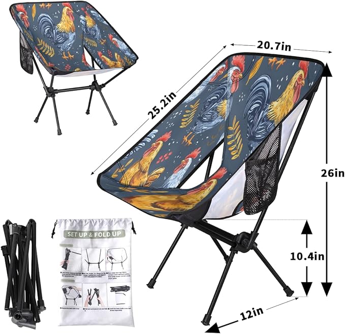 Cute Funny Chicken Portable Camping Chair Lightweight Folding Backpacking Chair Compact Foldable Beach Seat with Carry Bag for Outdoor Hiking Fishing Travel